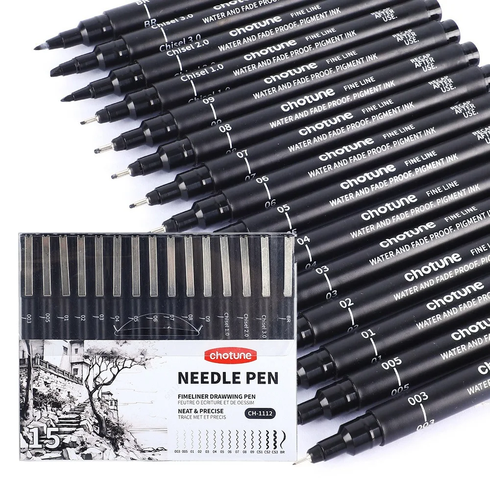 Correction Pen Fine - Micropenne neri, 15 dimensioni, inchiostro da